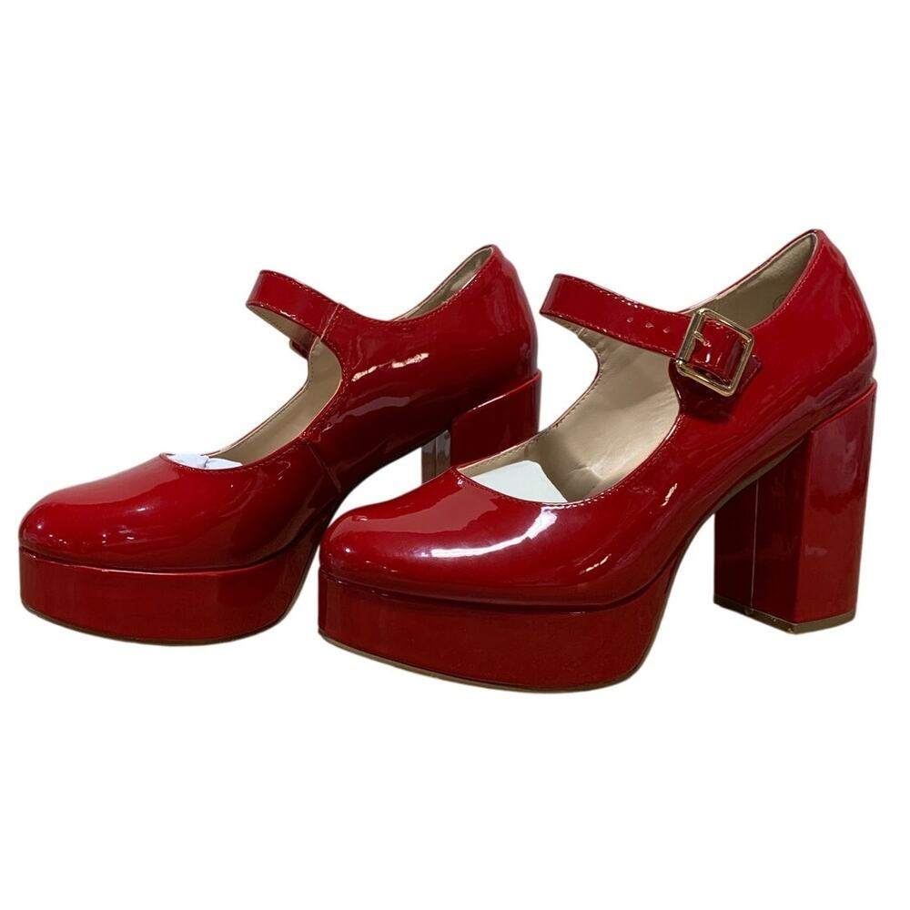 Coutgo Womens Size 9 Red 4" Heels Mary Jane Round Closed Toe Buckle Strap Shoes - Picture 1 of 9
